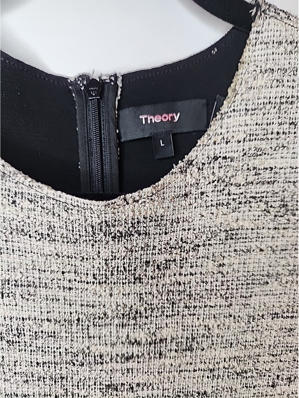 Theory Tweed Sheath Dress Womens L 12 Beige Blk Cotton Blend Sleeveless Career - Picture 3 of 8